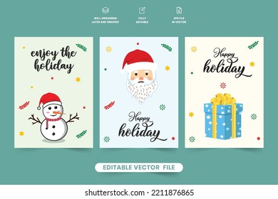 Grußkartenpaket für Feiertage mit einem Schneemann und WeihnachtsGesicht. Weihnachtsgeschenkkarte mit schönen Kalligrafien und Dekorationselementen. Xmas Einladungskarte Design mit einem blauen Geschenk.