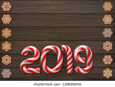 Holiday greeting card with candy cane number of 2019 and snowflakes cookies vector illustration on wood background
