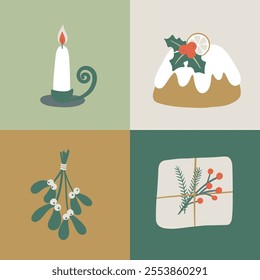 Holiday greeting card with Christmas cake, candle, gift, mistletoe in simple doodle style. Modern hand drawn vector illustration set. Scandinavian winter decoration.