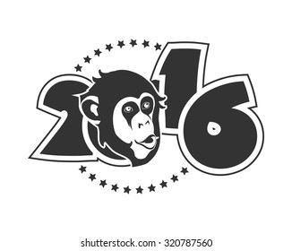 Holiday greeting card with Christmas and New Year, the sign of the monkey on the eastern calendar 2016  black white,