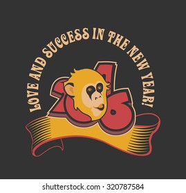 Holiday greeting card with Christmas and New Year, the sign of the monkey on the eastern calendar 2016