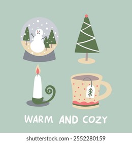 Holiday greeting card with Christmas snow ball, candle, pine tree, cup of tea in simple doodle style. Modern hand drawn lettering Warm and cozy. Scandinavian decoration.