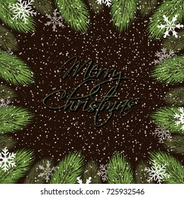Holiday greeting card with christmas tree branches and snow flakes.Vector illustration.
