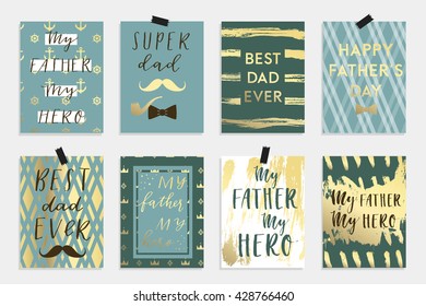 Holiday greeting card collection for Father's day. Vector illustration set in gold blue black and white colors