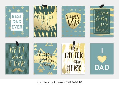 Holiday greeting card collection for Father's day. Vector illustration set in gold blue black and white colors