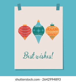 Holiday greeting card with colorful vintage Christmas ornaments and Best Wishes text, retro festive postcard design, flat vector illustration, blue background, simple winter decoration, elegant