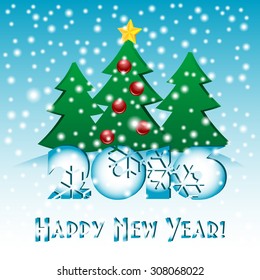 Holiday greeting card for congratulations with Happy New Year and Merry Christmas. Fir trees during snowfall. Vector illustration
