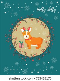 Holiday greeting card with cute corgi dog.