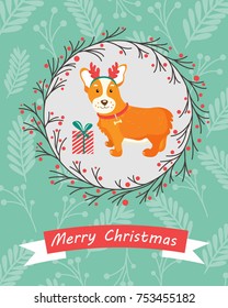 Holiday greeting card with cute corgi dog.