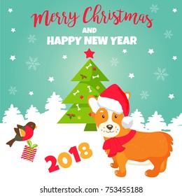 Holiday greeting card with cute corgi dog.