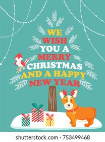 Holiday greeting card with cute corgi dog.