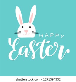 Holiday greeting card with cute Easter rabbit. Funny bunny in flat style. Lettering card. Vector illustration.