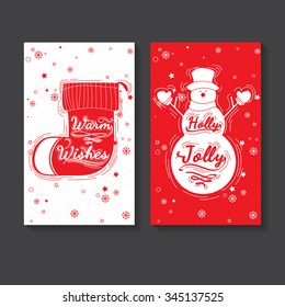 Holiday greeting card design. Holiday Jolly - quote in a snowman. Warm wishes - quote. Hand drawn lettering for Christmas and New Year design post card, poster