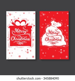 Holiday greeting card design. Marry Christmas - quote for post card, posters, banners, flyer. Christmas lettering vector collection. Christmas gift and Santa Claus bag