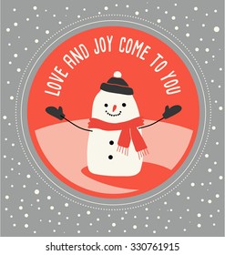 Holiday greeting card design with snowman and greeting in simple flat style 