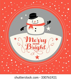 Holiday greeting card design with snowman and greeting in simple flat style 