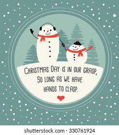Holiday greeting card design with snowman and greeting in simple flat style 