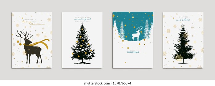 Holiday Greeting Card designs. Christmas elements including reindeer, pine trees, snowflakes, stars... Vector Illustration.