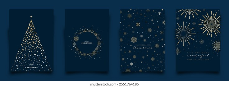 Holiday Greeting Card designs. Elegant gold  pattern; Glitter Christmas elements and icons including tree design, snowflakes, stars, fireworks ... Vector Illustration.