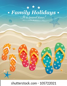 Holiday greeting card with family flip-flops. Vector illustration.