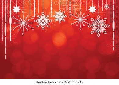 Holiday greeting card featuring delicate white snowflakes vibrant red background Christmas cheer sending warm wishes Joyful happy New Year Copy space Xmas design Border Bokeh light effect Glittering