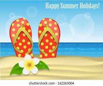 Holiday greeting card with flip-flops and and frangipani against the sand and the sea