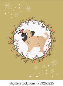 Holiday greeting card with funny pug and bird