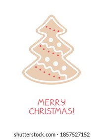 Holiday greeting card with gingerbread - spruce decorated with glaze ornament. Traditional seasonal bakery. Merry Christmas phrase. Winter vector illustration in flat style.