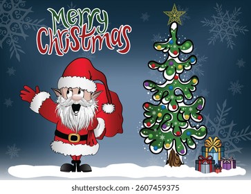 Holiday greeting card with gnome character, tree and presents.