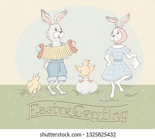 Holiday greeting card with hand lettering and cute Easter rabbits dancing to the accordion and singing chickens. Funny bunny and chicks - vintage retro style vector illustration. Happy Easter Greeting