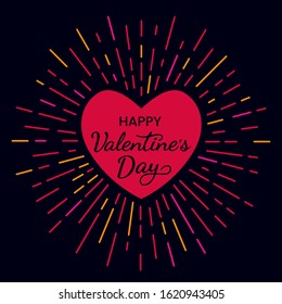 Holiday greeting card with hand lettering Happy Valentine's Day. Sunburst retro style vector illustration. red heart with sunbeams