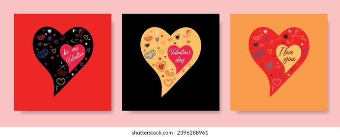 Tarjeta de saludo de vacaciones con corazones dibujados a mano al estilo Doodle. Graffiti con corazones e inscripciones: "Feliz Día de San Valentín", "te amo", "sé mi San Valentín". Vector