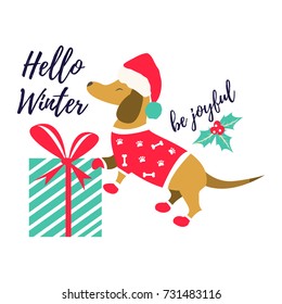 Holiday greeting card Hello winter with badger dog and present