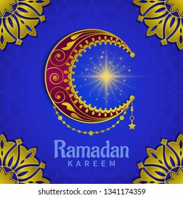 Holiday greeting card for the Holy Month of Ramadan Kareem. Beautiful golden Moon with shine, decorative mandalas with oriental ornament.