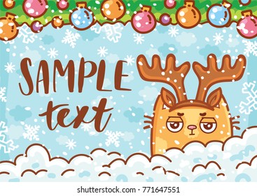 Holiday greeting card Illustration with place for your text and cute ginger Cat character on winter background with snow. Art in hand drawn cartoon, doodle style for print design