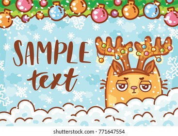 Holiday greeting card Illustration with place for your text and cute teddy Bear character on winter background with snow. Art in hand drawn cartoon, doodle style for print design