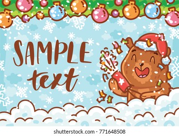 Holiday greeting card Illustration with place for your text and cute teddy Bear character on winter background with snow. Art in hand drawn cartoon, doodle style for print design