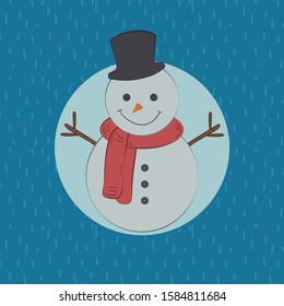 Holiday greeting card. Illustration of a snowman. Great design element for congratulation, banner or flyer. Flat style illustration. Christmas design.