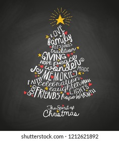 Holiday greeting card with inspiring handwritten words in Christmas tree shape with blackboard background. Word Cloud design for cards, banners, print and social media.