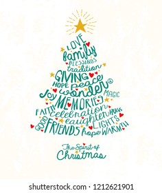 Holiday greeting card with inspiring handwritten words in Christmas tree shape. Word Cloud design.