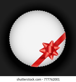 Holiday greeting card layout. Paper insignia with red ribbon