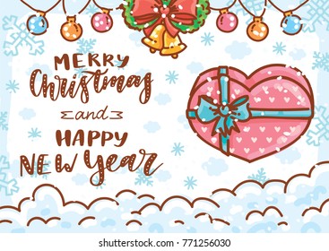 Holiday greeting card with lettering, calligraphy text and cute illustration elements on winter background with snow. Merry Christmas and Happy New Year. Art in hand drawn cartoon style for print