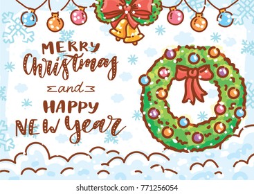 Holiday greeting card with lettering, calligraphy text and cute illustration elements on winter background with snow. Merry Christmas and Happy New Year. Art in hand drawn cartoon style for print