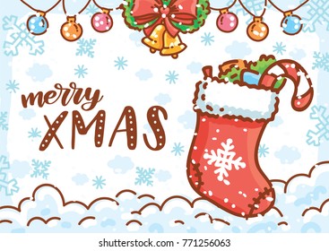 Holiday greeting card with lettering, calligraphy text and cute illustration elements on winter background with snow. Merry Christmas and Happy New Year. Art in hand drawn cartoon style for print