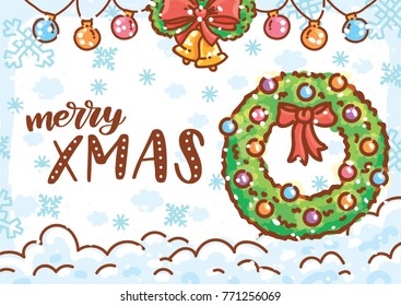 Holiday greeting card with lettering, calligraphy text and cute illustration elements on winter background with snow. Merry Christmas and Happy New Year. Art in hand drawn cartoon style for print