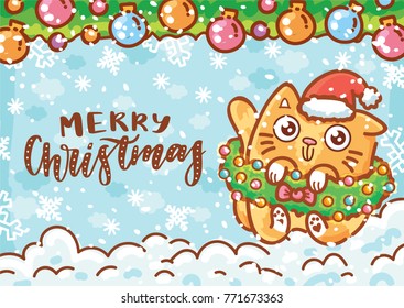 Holiday greeting card with lettering, calligraphy text and cute ginger Cat character on winter background with snow. Merry Christmas. Hand drawn art in cartoon, doodle, drawing style for print design