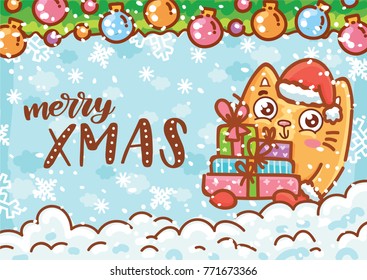 Holiday greeting card with lettering, calligraphy text and cute ginger Cat character on winter background with snow. Merry Christmas. Hand drawn art in cartoon, doodle, drawing style for print design