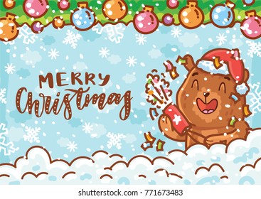 Holiday greeting card with lettering, calligraphy text and cute teddy Bear character on winter background with snow. Merry Christmas. Hand drawn art in cartoon, doodle, drawing style for print design