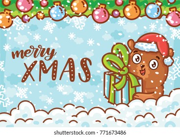 Holiday greeting card with lettering, calligraphy text and cute teddy Bear character on winter background with snow. Merry Christmas. Hand drawn art in cartoon, doodle, drawing style for print design