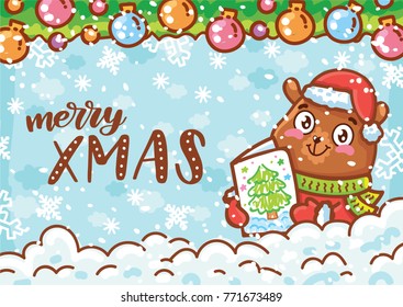 Holiday greeting card with lettering, calligraphy text and cute teddy Bear character on winter background with snow. Merry Christmas. Hand drawn art in cartoon, doodle, drawing style for print design